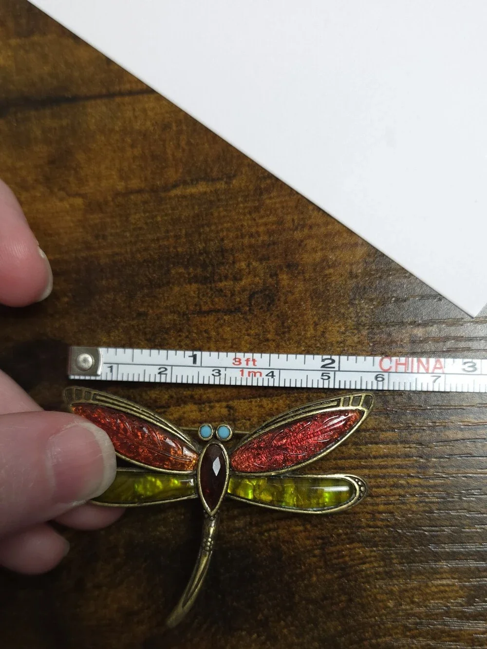 Vintage Liz Claiborne Red Lucite & Abalone Dragon Fly Brooch Antiqued Gold